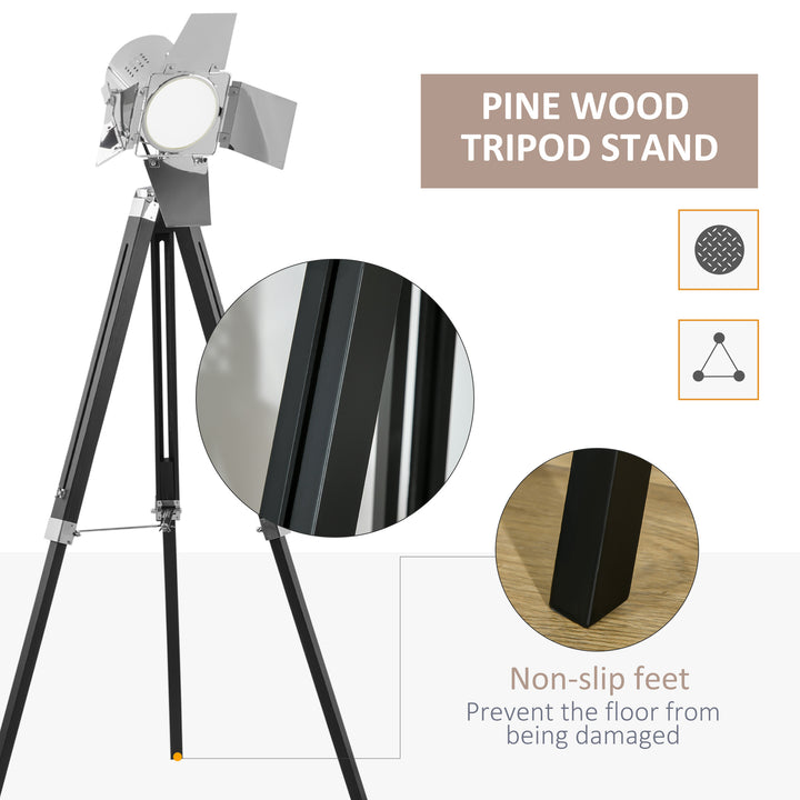 Industrial Tripod Floor Lamp, Nautical Cinema Standing Spotlight with Wood Legs and Adjustable Height for Living Room, Bedroom, Black and Silver