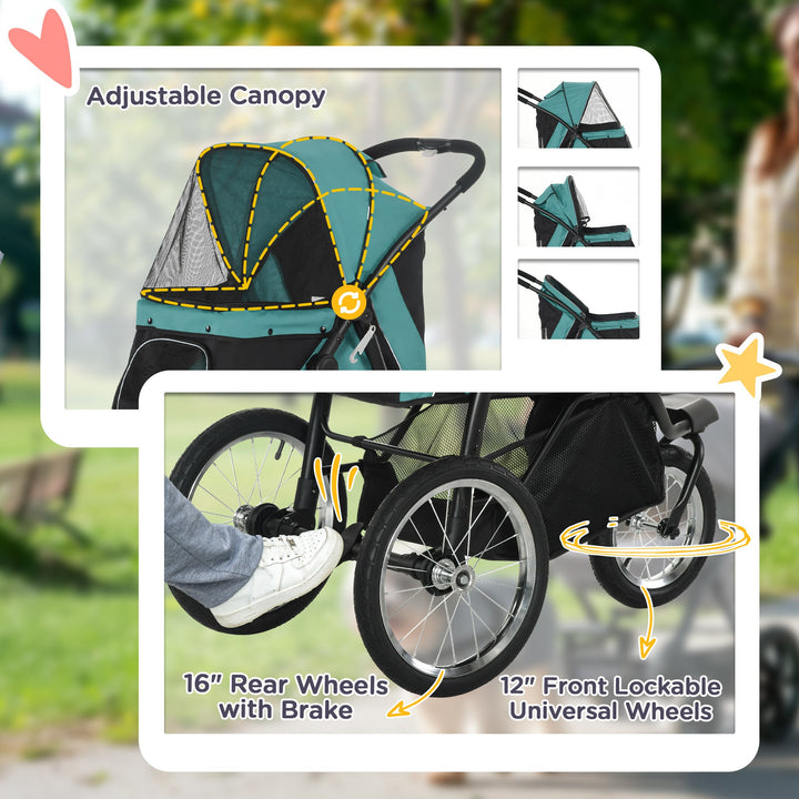 Foldable Pet Stroller Jogger, with Three Wheels, Canopy, for Medium and Small Dogs, Green