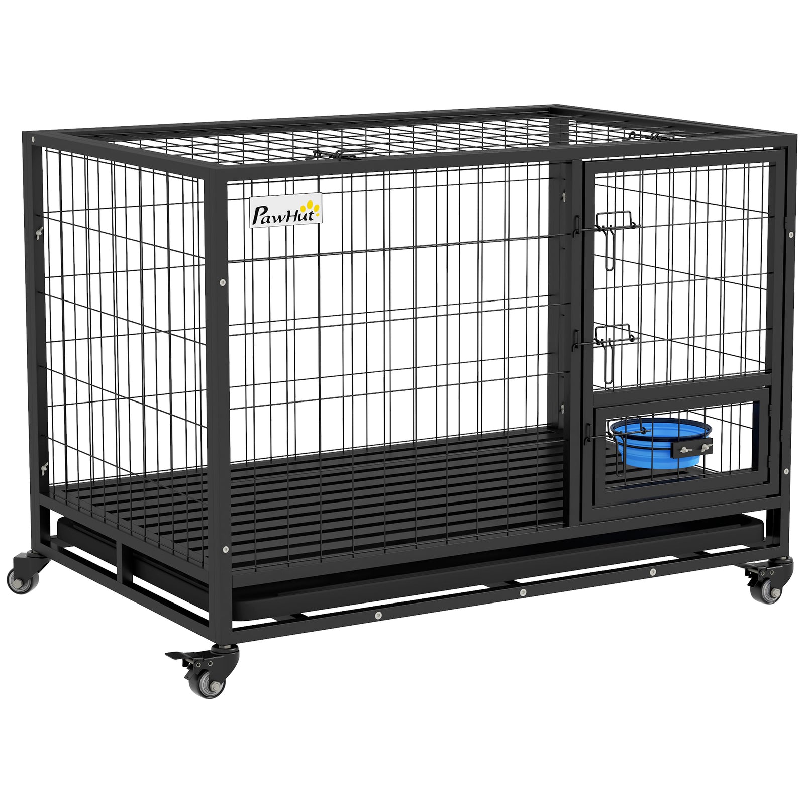 Heavy Duty Dog Crate on Wheels w/ Bowl Holder, Removable Tray, Openable Top, Detachable Door, for L, XL Dogs