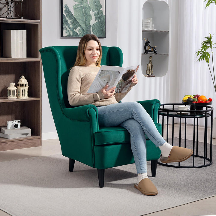 Modern Accent Chair, Upholstered Wingback Armchair with High Backrest and Pillow, Velvet-Feel Fabric Reading Chair with Solid Wood Legs for Living Room, Bedroom, Home Office, Dark Green