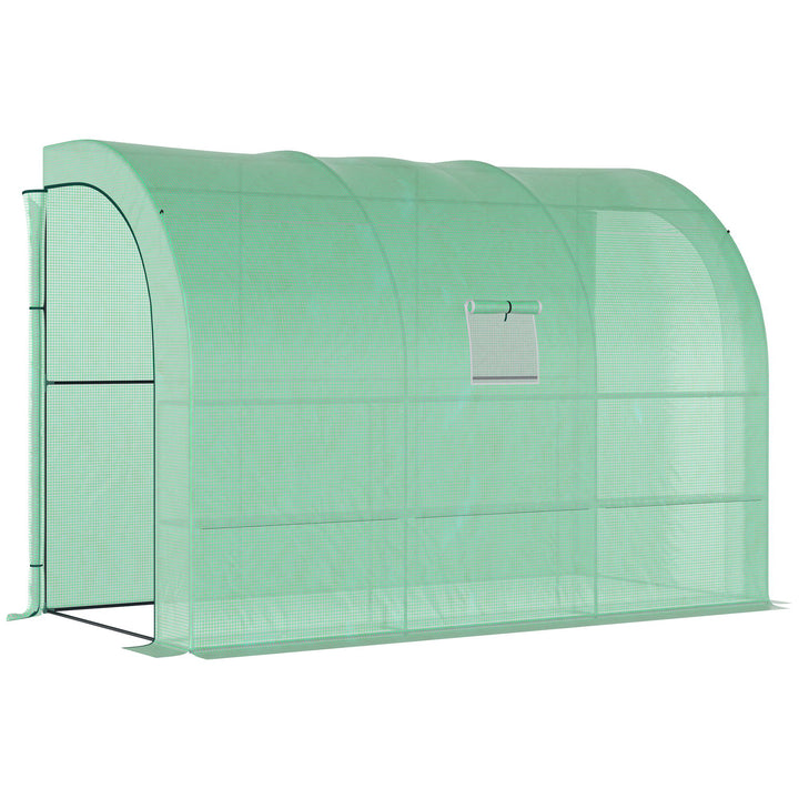 Outsunny Walk-In Lean to Wall Greenhouse with Windows and Doors 2 Tiers 6 Wired Shelves 300L x 150W x 215Hcm Green | Aosom UK