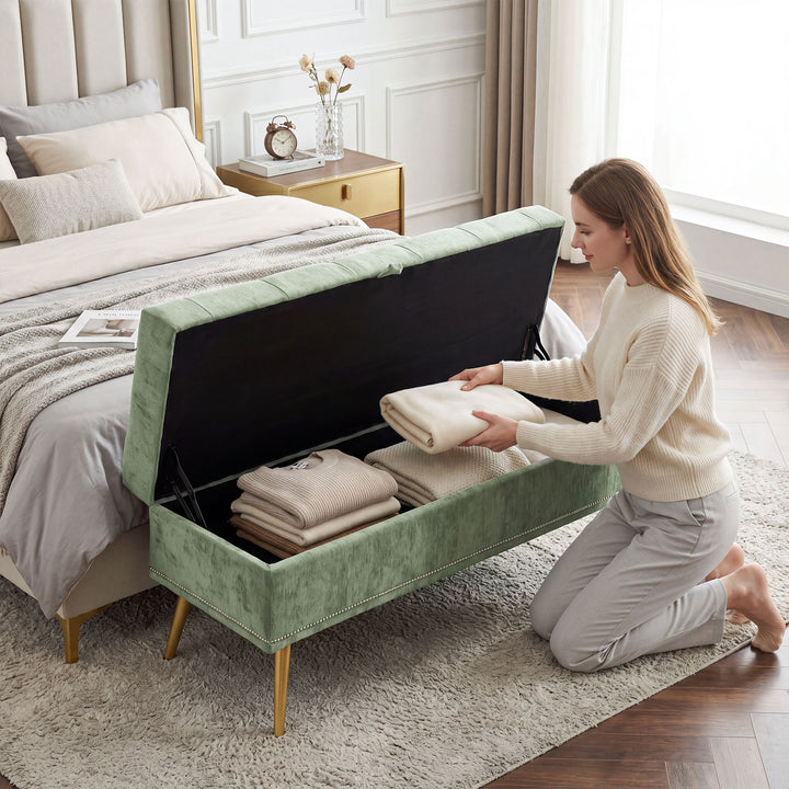 Storage Ottoman, Chenille Upholstered Ottoman Storage Box with Padded 