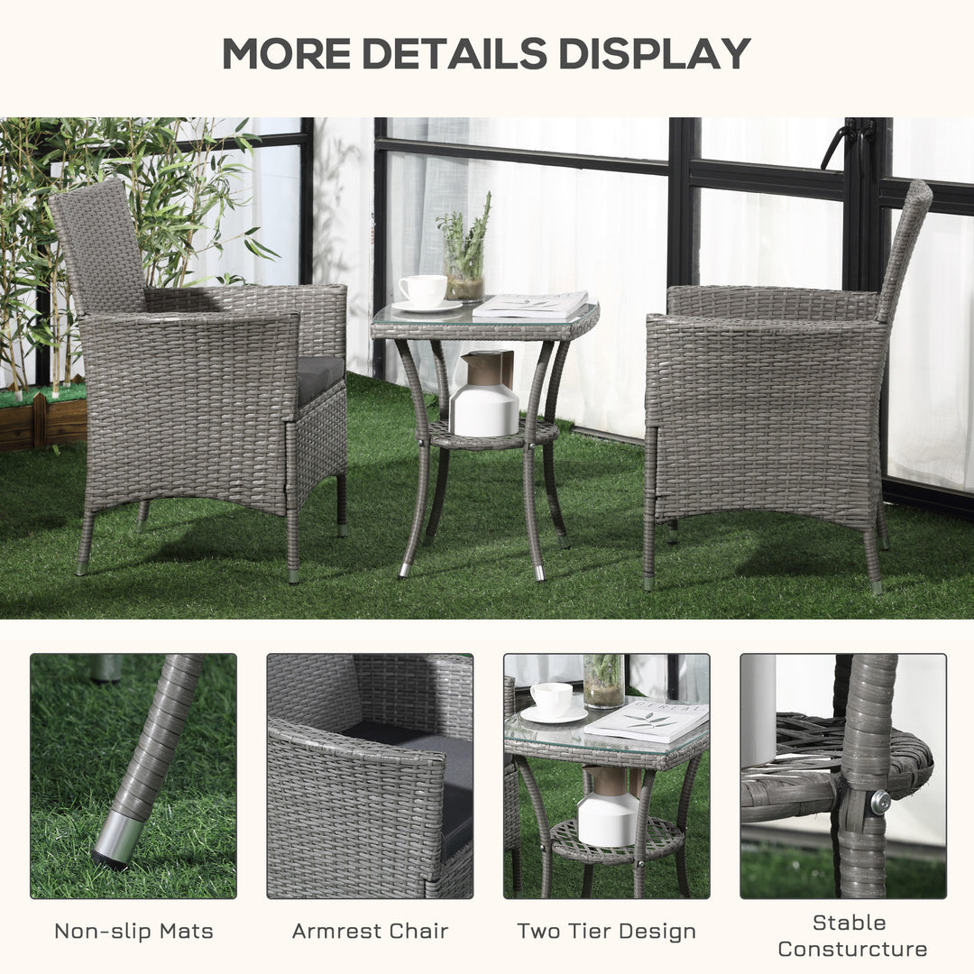 MCL 3 Pieces Rattan Bistro Set, Wicker Garden Furniture Set with 2-Tier Coffee Table and Chairs, Washable Cushions, for Outdoor Patio Balcony, Grey