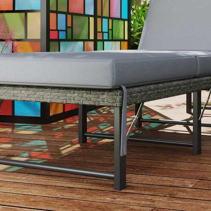 Single Folding Rattan Sun Lounger, with Cushion - Grey