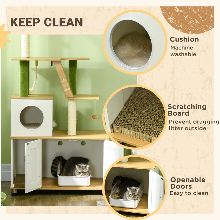 PawHut Cat Tree w/ Hidden Litter Box Enclosure, 2 in 1 Green Leaf Cat Tower Litter Box Furniture w/ House, Ladder, Scratching Posts | Aosom UK