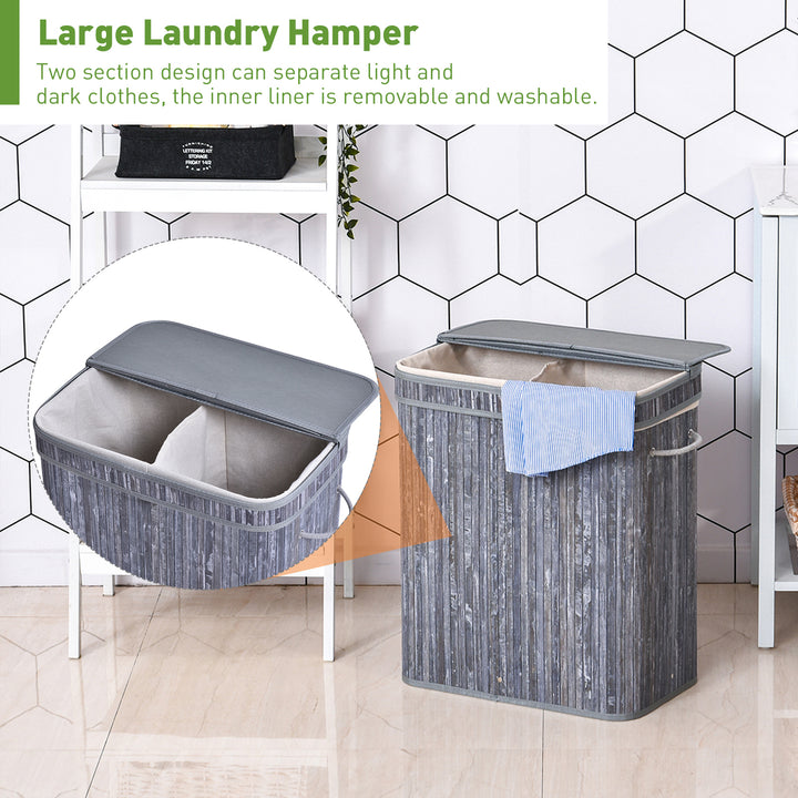 HOMCOM Laundry Locker: Dual-Compartment Wooden Basket with Lid, Removable Liner & Handles, Grey | Aosom UK