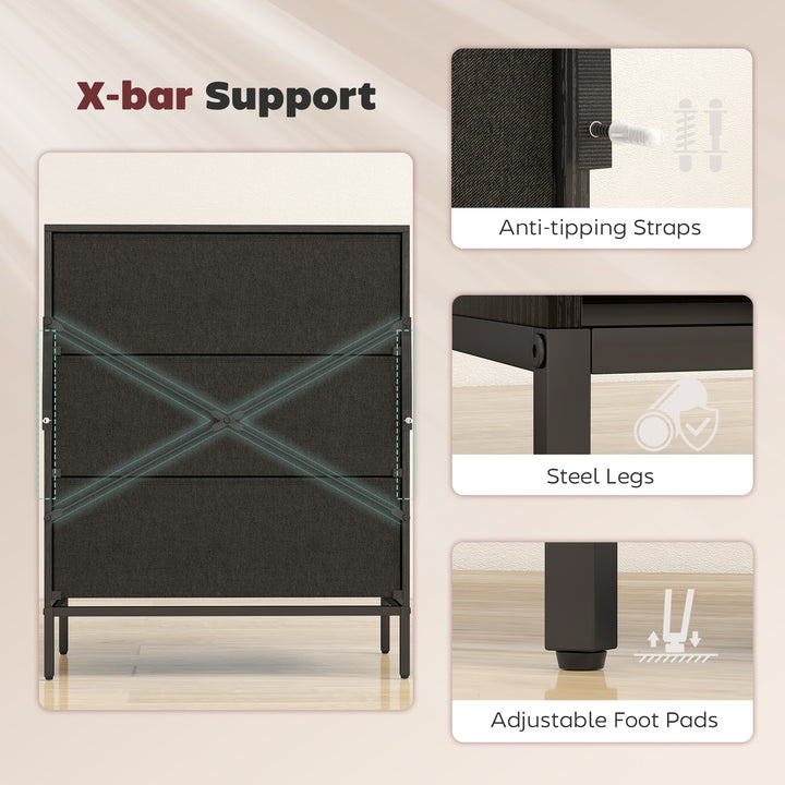 Chest of Drawers, Dresser with 3 Fabric Drawers and Aluminium Handles 