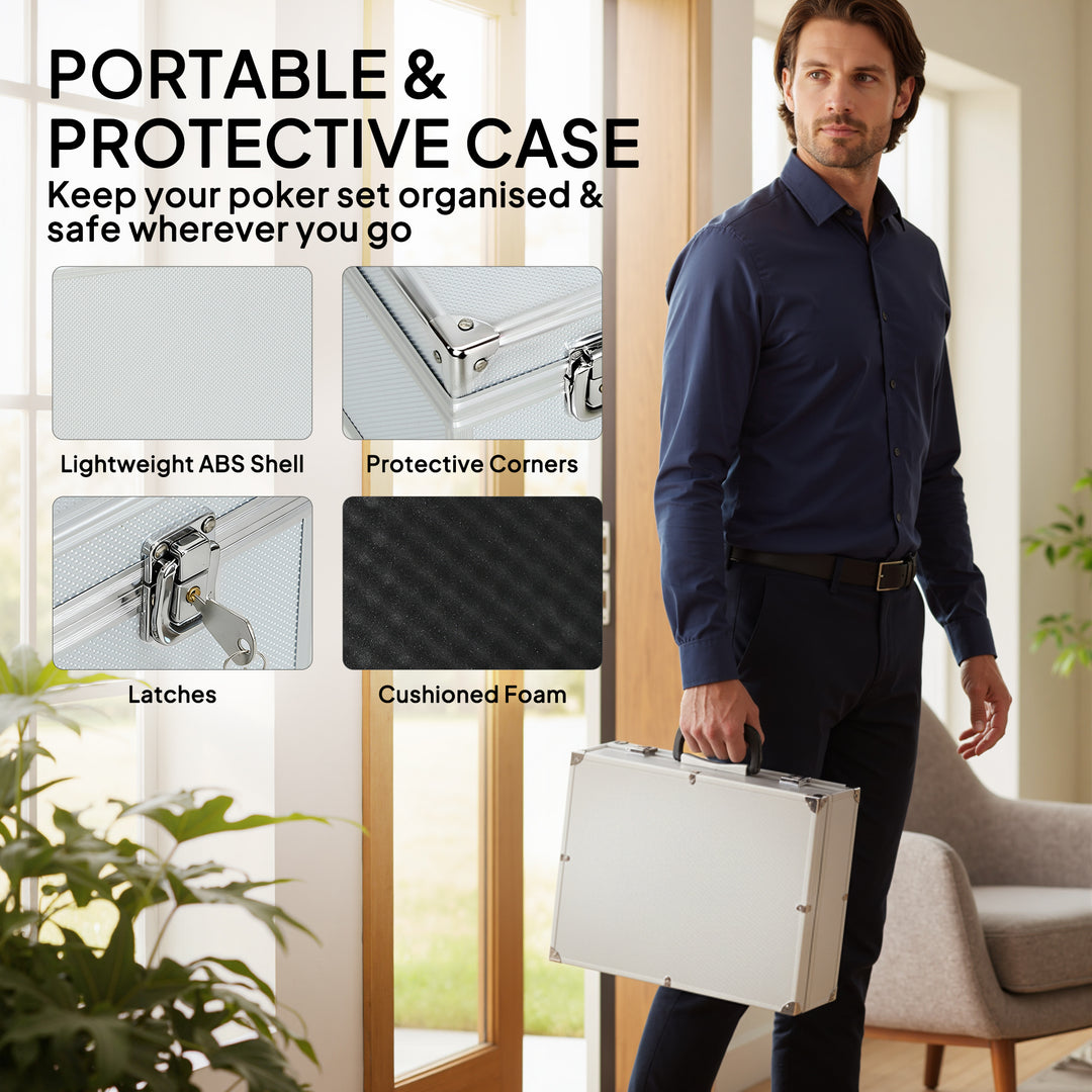 300-Piece Poker Chips Set with Card Shuffler, Card Shoe, Case, Casino Texas Holdem Poker Set with Mat, Silver Tone