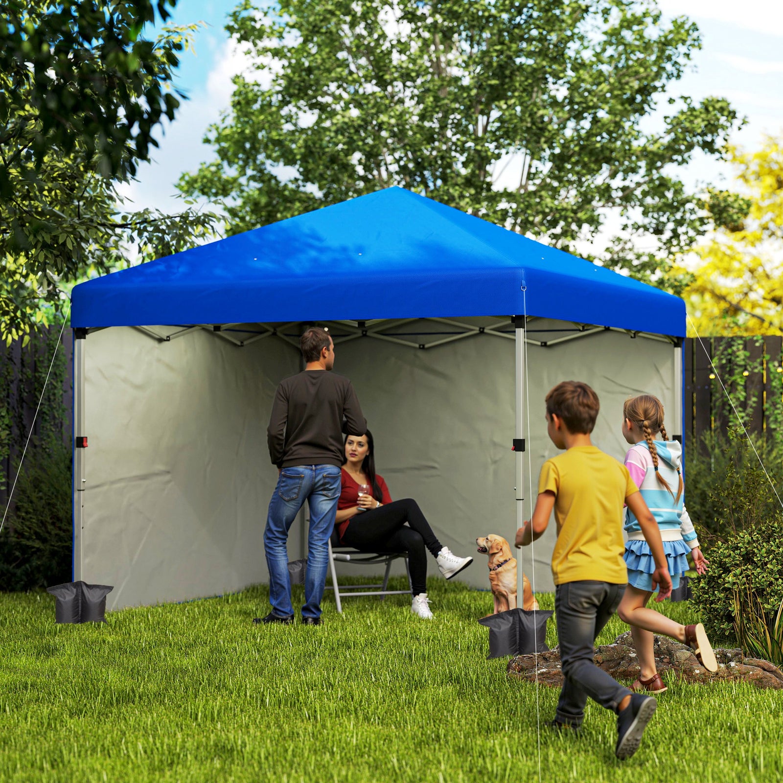 3 x 3 (M) Pop Up Gazebo, UPF 30+ with 2 Sidewalls, Leg Weight Bags and Wheeled Bag, Height Adjustable Party Tent Event Shelter for Garden, Patio, Blue