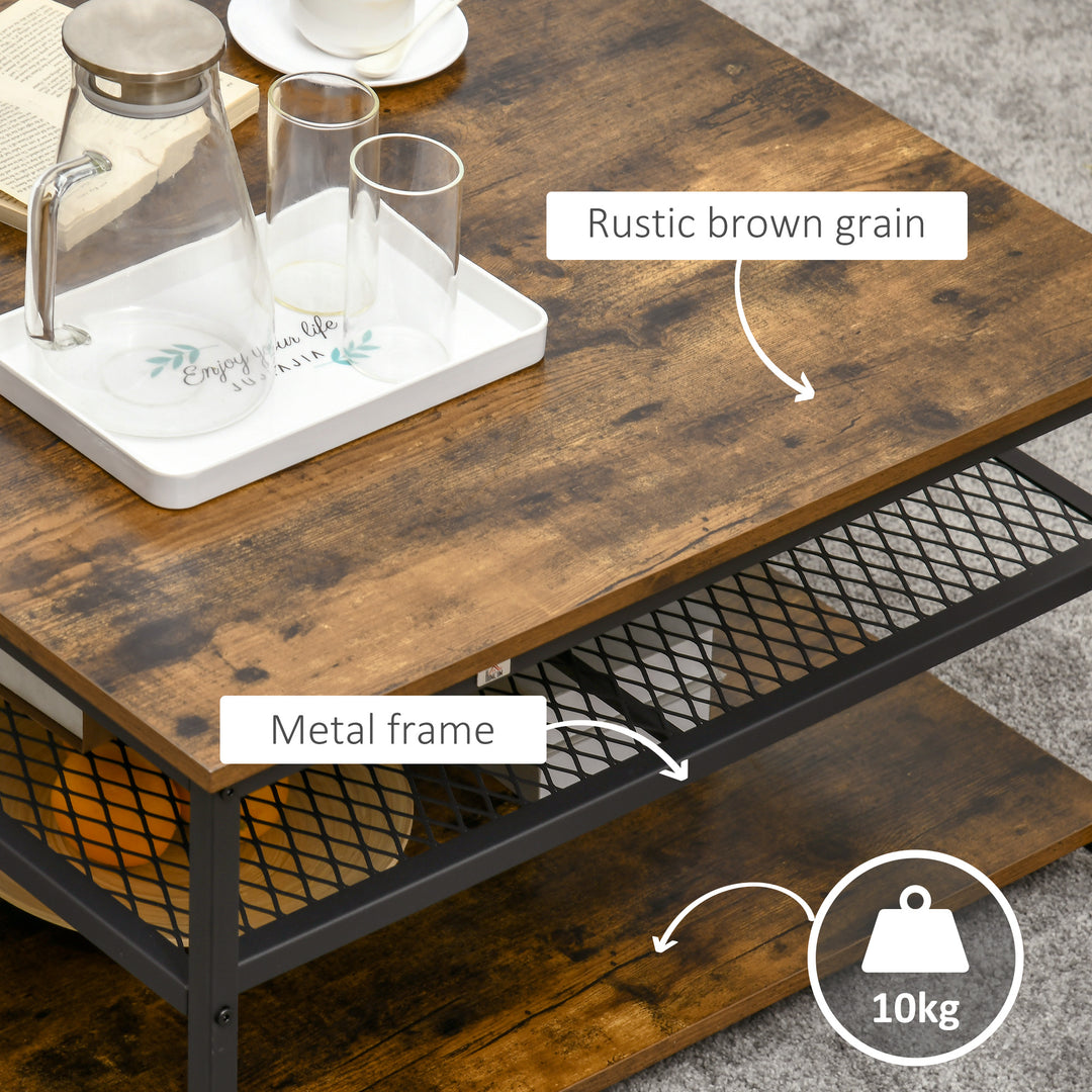 HOMCOM Industrial Coffee Table: Square Cocktail Table with 3-Tier Shelves, Rustic Brown for Living Room | Aosom UK