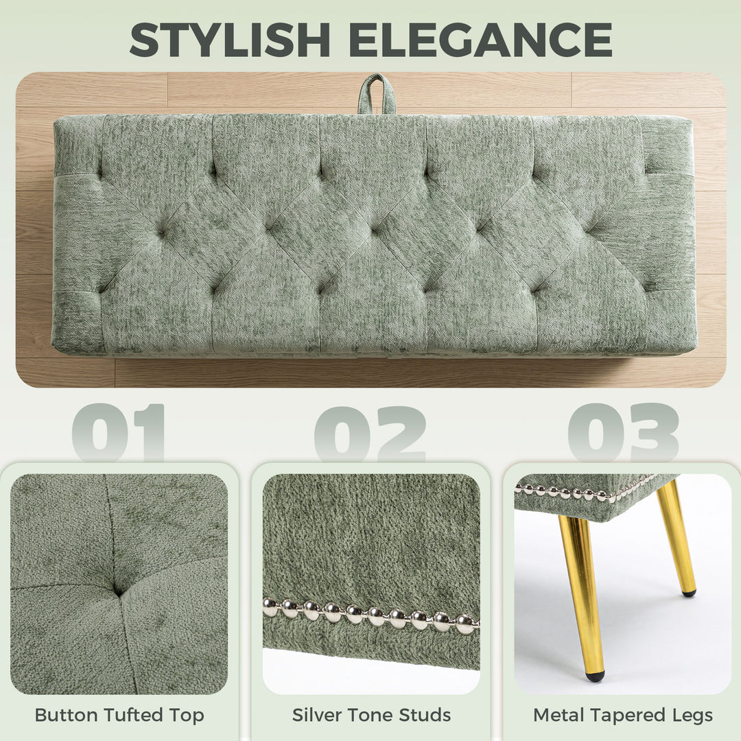 Storage Ottoman, Chenille Upholstered Ottoman Storage Box with Padded 
