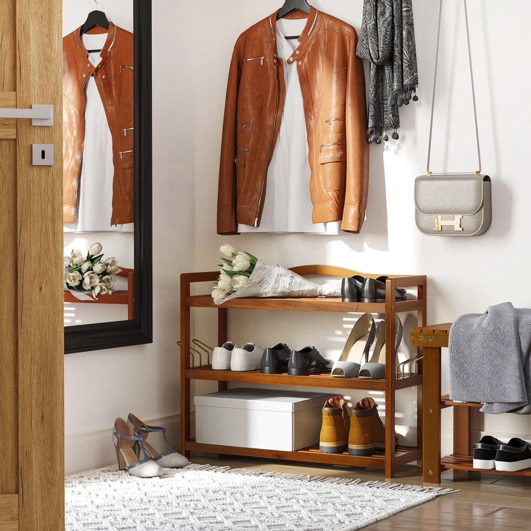 MCL 3-Tier Shoe Rack, Acacia Wooden Shoe Storage Organiser with 2 Hangers, Holds up to 12 Pairs, for Entryway, Living Room, 74 x 26 x 62 cm, Teak