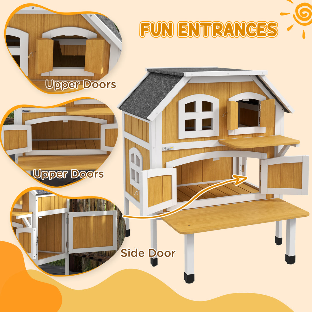 PawHut Outdoor Cat Shelter 2 Tiers Wooden Feral Cat House with Openable Asphalt Roof, Escape Doors, Terrace, for 1-2 Cats | Aosom UK