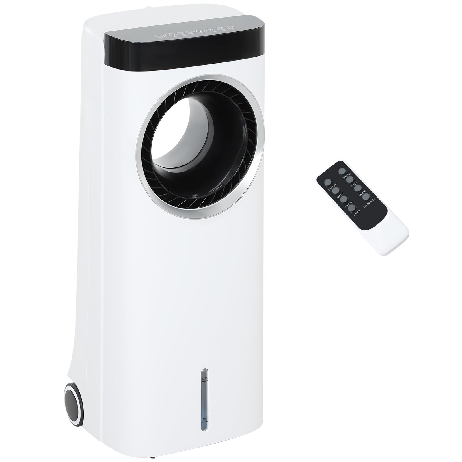 Evaporative Air Cooler, 6.5L 4-in-1 Bladeless Portable Cooler, Fan, Humidifier, Air Clean Anion with Oscillation, 6 Speeds, 24H Timer, Sleep Mode, 2 Ice Packs, Wheels, Remote, for Home Office