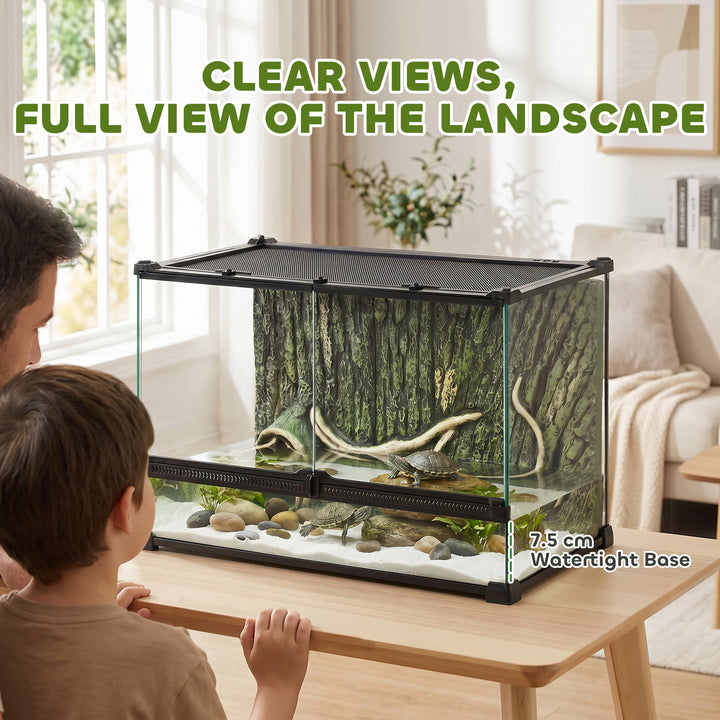 Reptile Glass Terrarium with Stone Background, Front Ventilation, Esca