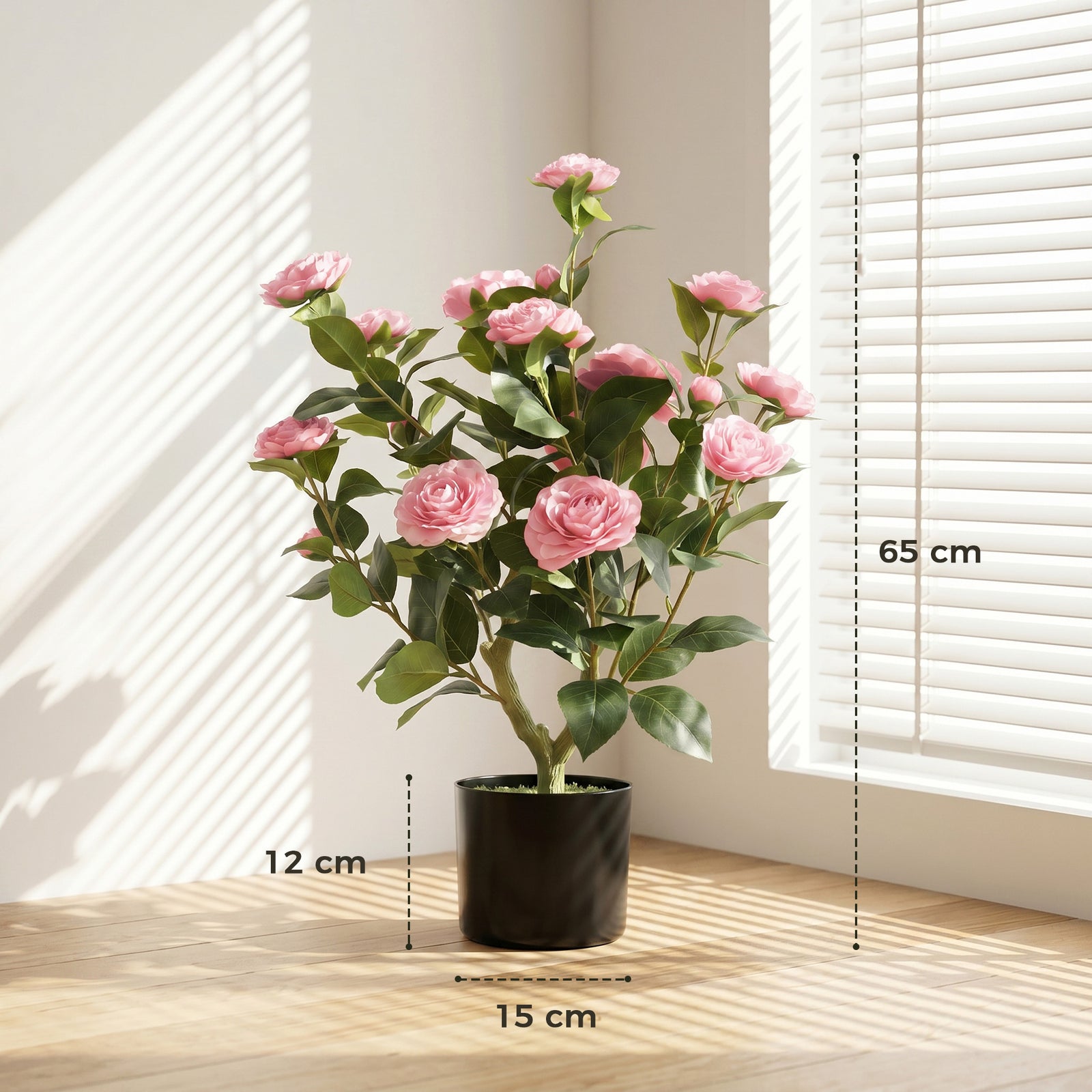 65cm Artificial Camellia Flower Plant in Pot with 116 Lush Leaves & Mo