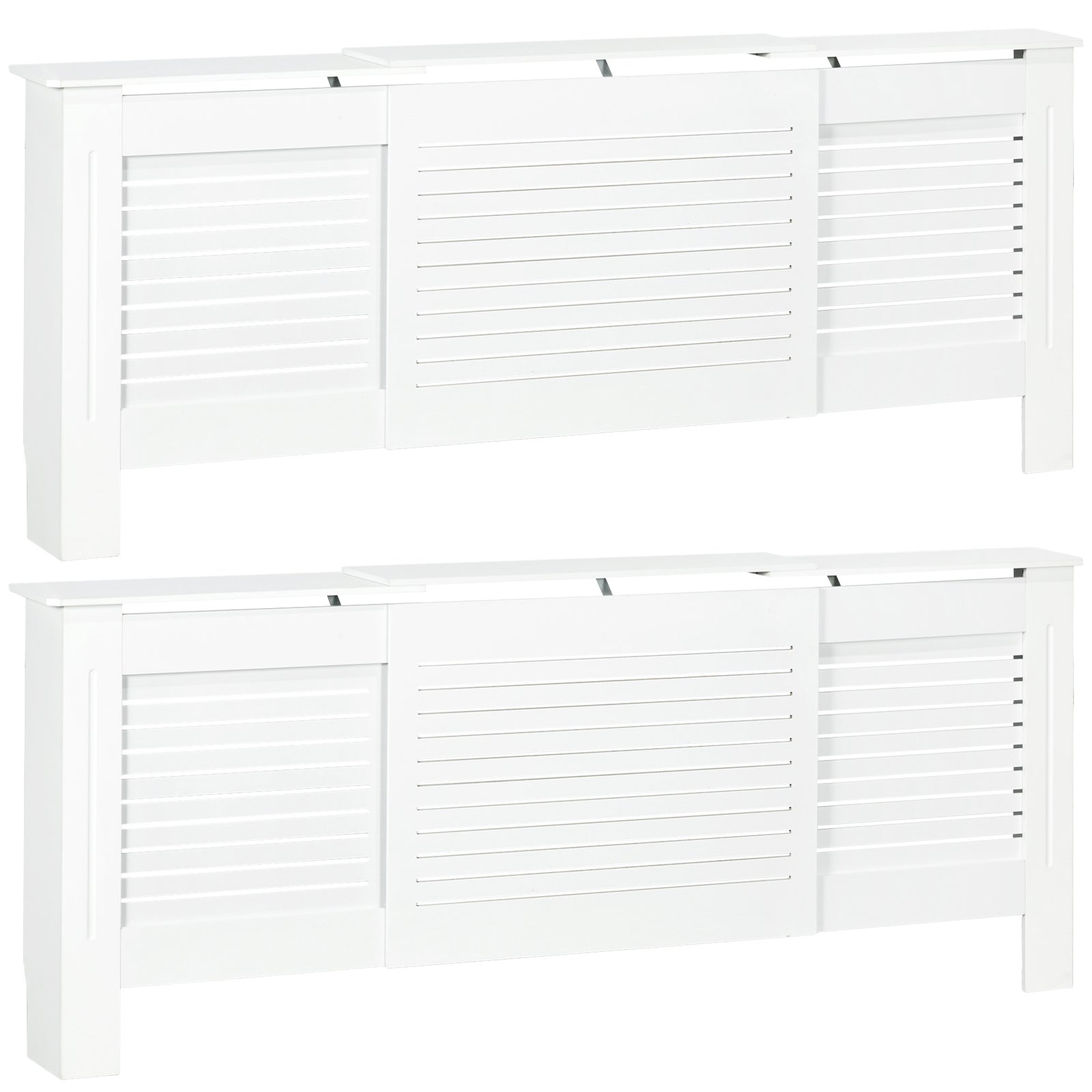 Set of 2 MDF Extendable Radiator Cover with Cabinet Shelving, Home Office Slatted Design, White 139-208.5L x 20.5W x 82.5H cm