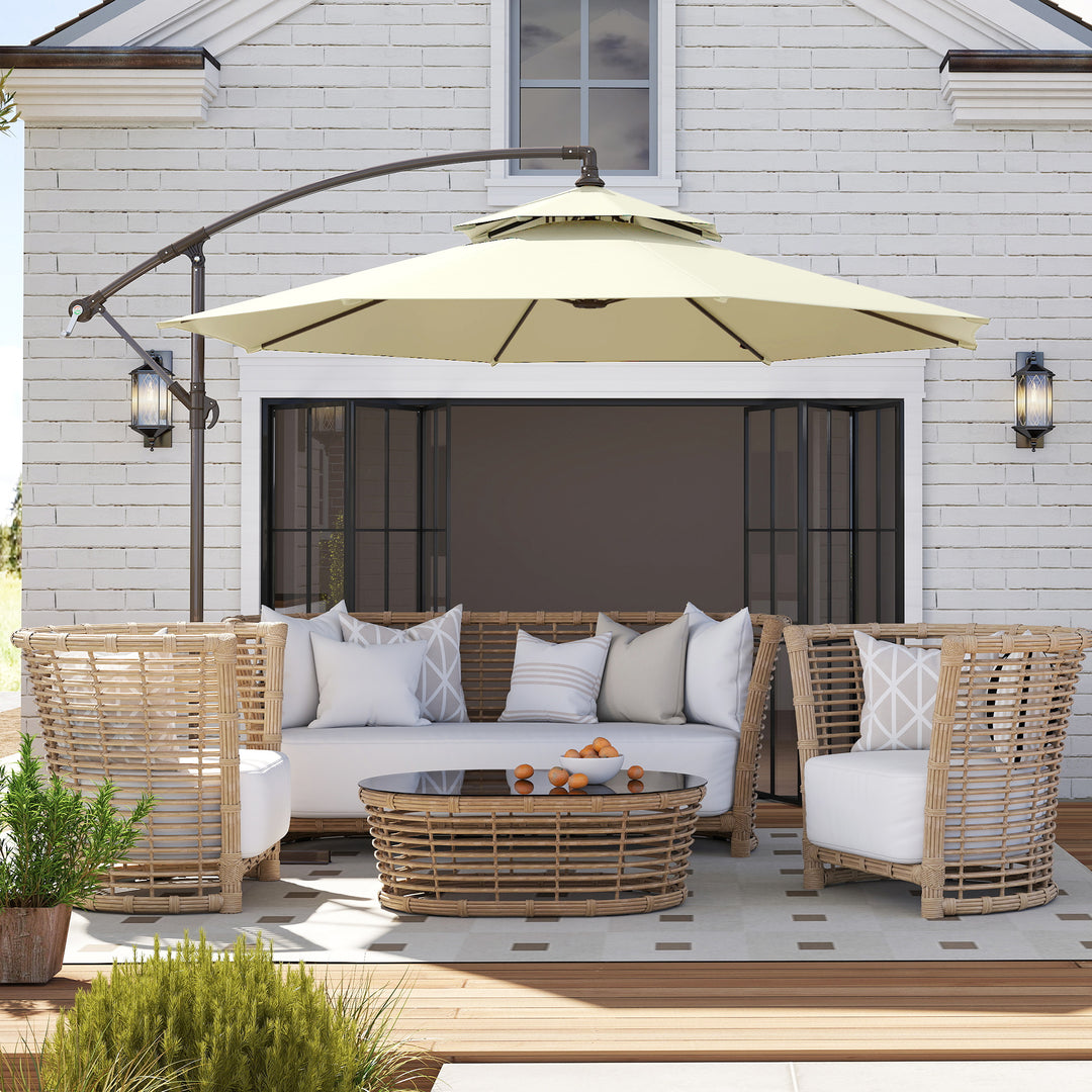 2.7m Garden Banana Parasol Cantilever Umbrella with Crank Handle, Double Tier Canopy and Cross Base for Outdoor, Hanging Sun Shade, Beige