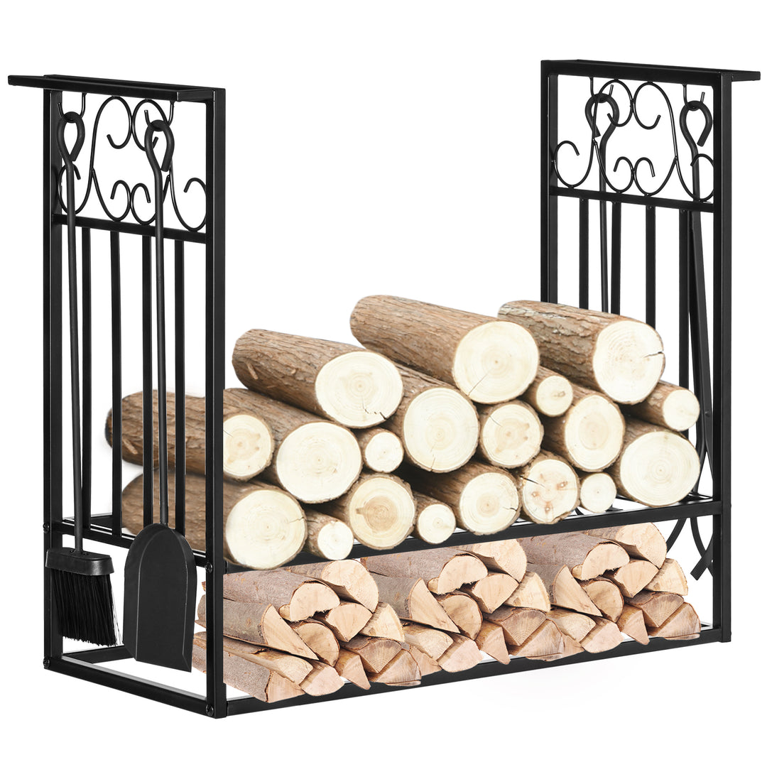 Steel Firewood Log Holder Indoor Outdoor Firewood Rack Fireplace Wood Storage Shelf with 4 Tools, Hooks, Scrolls, Rust-Resistant, Black, 75L x 30W x 60H cm