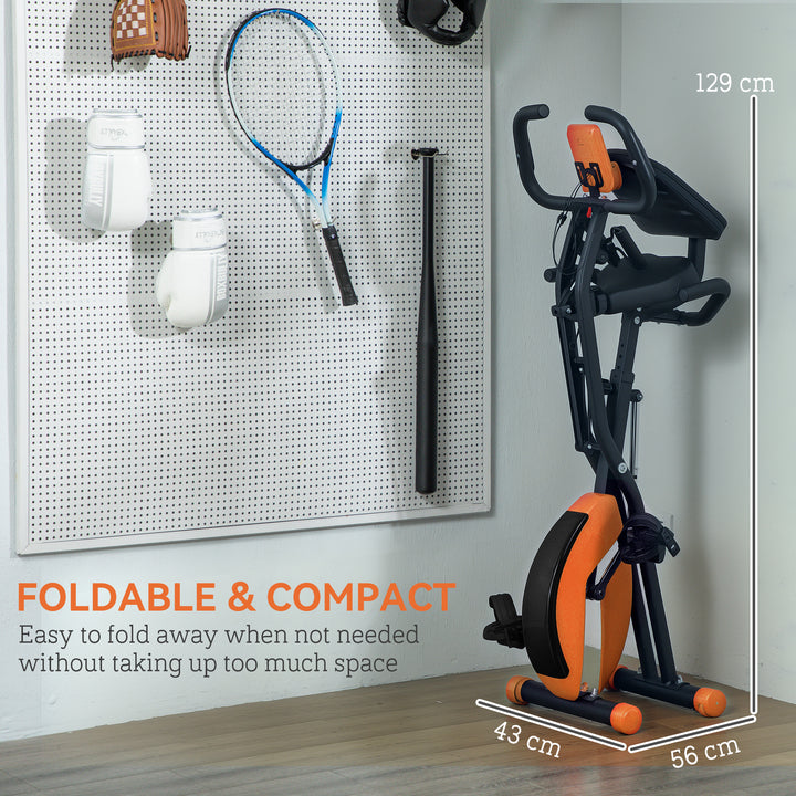 SPORTNOW Five-in-one Foldable Exercise Bike, Stationary Bike with Arm Workout Bands, LDC Monitor, Phone Holder, Orange