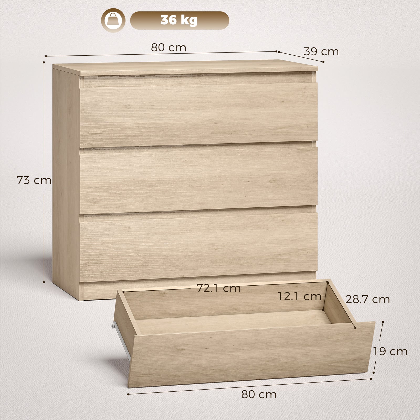 3-Drawer Storage Organiser Unit, Chest of Drawers for Bedroom, Living 