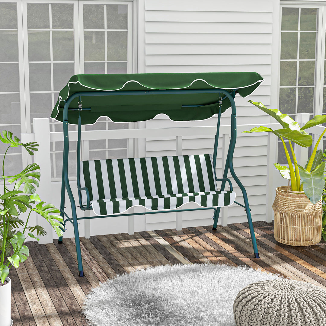 Outsunny Waterproof 3 Seater Garden Swing Seat Chair Outdoor Bench with Adjustable Canopy and Metal Frame, Green Stripes | Aosom UK