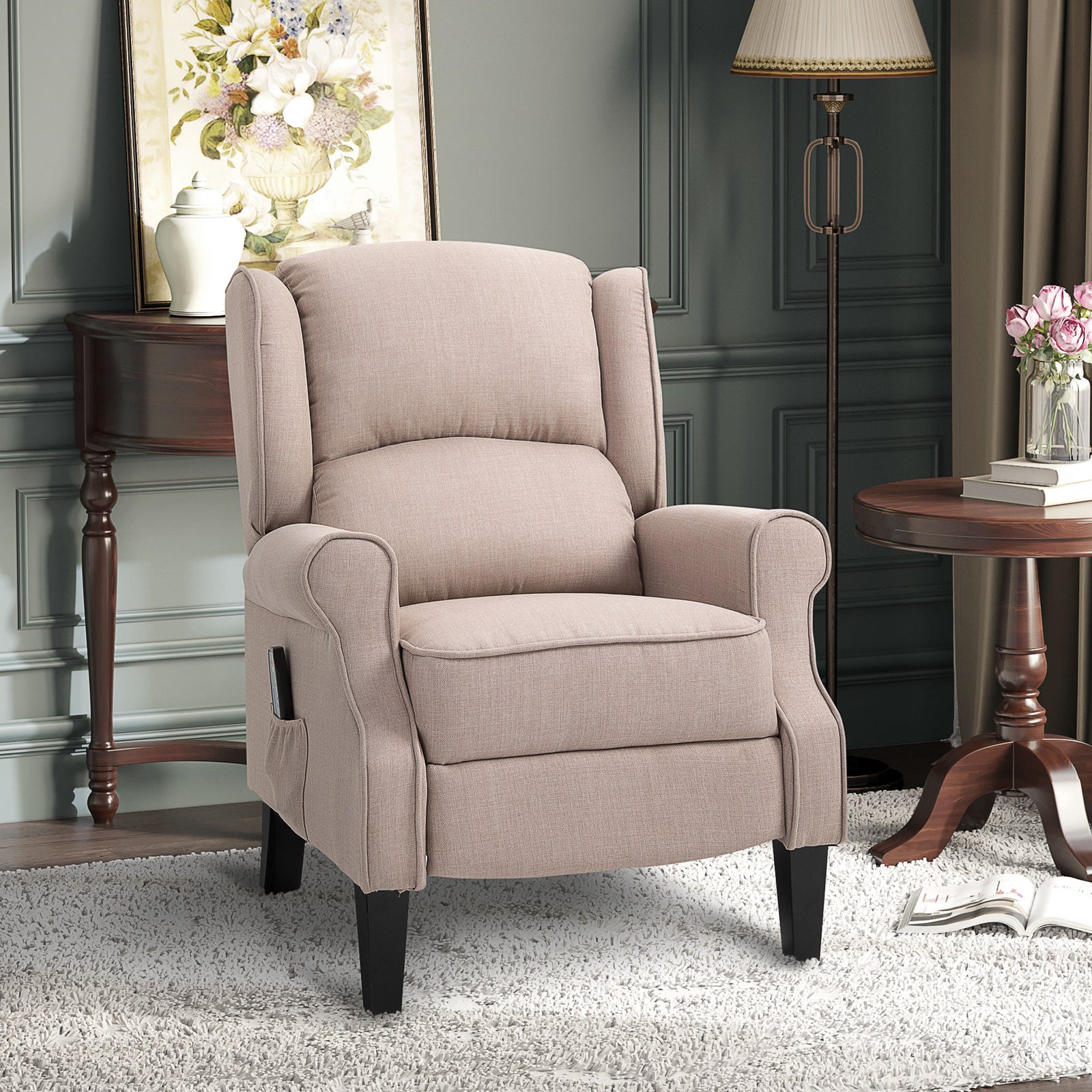 Heated Massage Reclining Armchair Thick Sponge Padded Linen Upholstery Metal Wood Frame Home Luxury Relaxation Beige