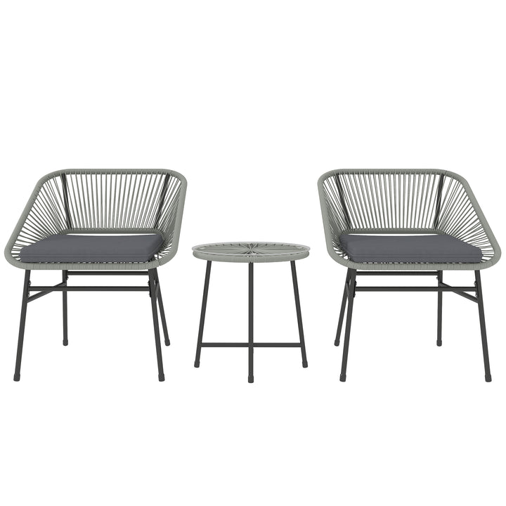 3 Pieces Rattan Bistro Set, Wicker Small Garden Table and Chairs Set with Cushions and Glass Top Coffee Table, Bistro Garden Furniture Set for Outdoor, Patio, Balcony, Light Grey