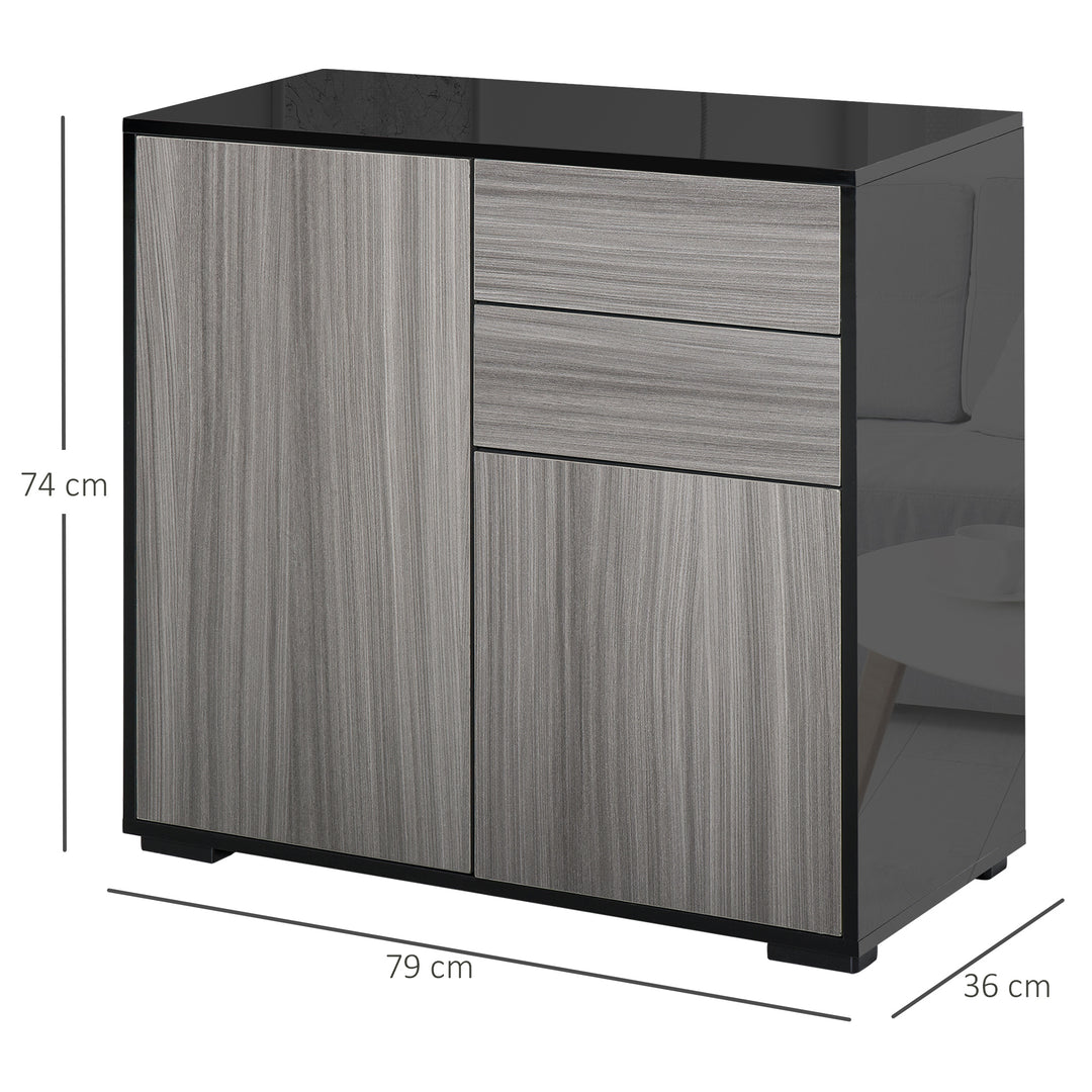 High Gloss Frame Sideboard, Push-Open Design with 2 Drawer for Living Room, Bedroom, 74H x 79W x 36Dcm, Light Grey and Black