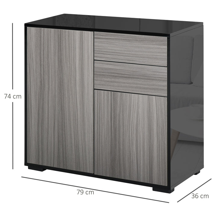 High Gloss Frame Sideboard, Push-Open Design with 2 Drawer for Living Room, Bedroom, 74H x 79W x 36Dcm, Light Grey and Black