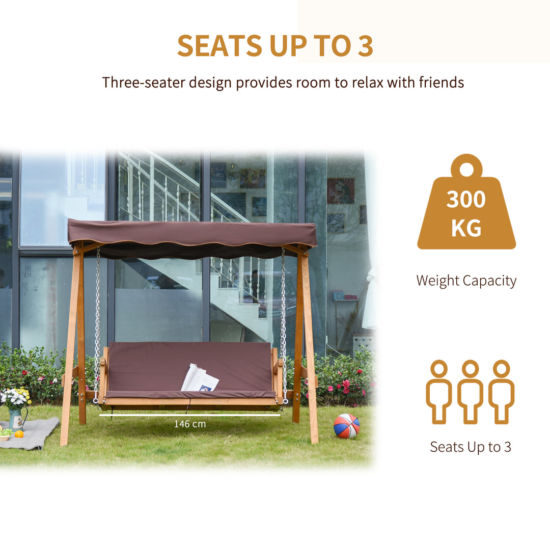 3 Seater Garden Swing Seat Outdoor Swing Chair with Adjustable Canopy, Wooden Hammock Bench with Padded Cushions for Patio Yard, Brown