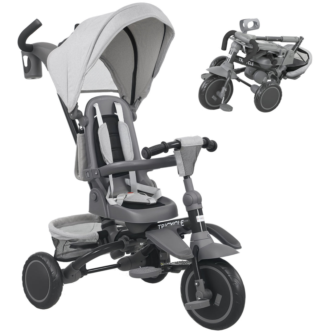 AIYAPLAY 6 in 1 Foldable Kids Trike with Adjustable Parent Handle &amp; Canopy for Ages 1-5 - Grey