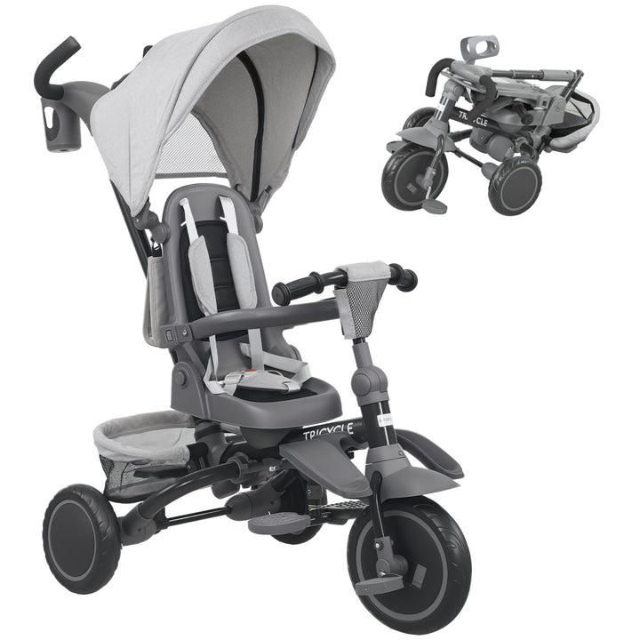 AIYAPLAY 6 in 1 Foldable Kids Trike with Adjustable Parent Handle &amp; Canopy for Ages 1-5 - Grey