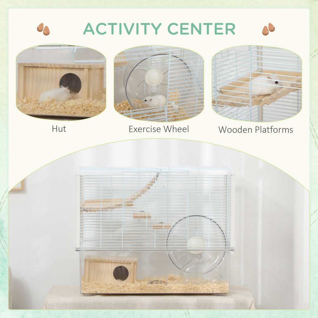 PawHut Hamster Cage, Gerbilarium Cage, Wooden Ramp, Exercise Wheel, Food Bowl, Natural Tone and White | Aosom UK