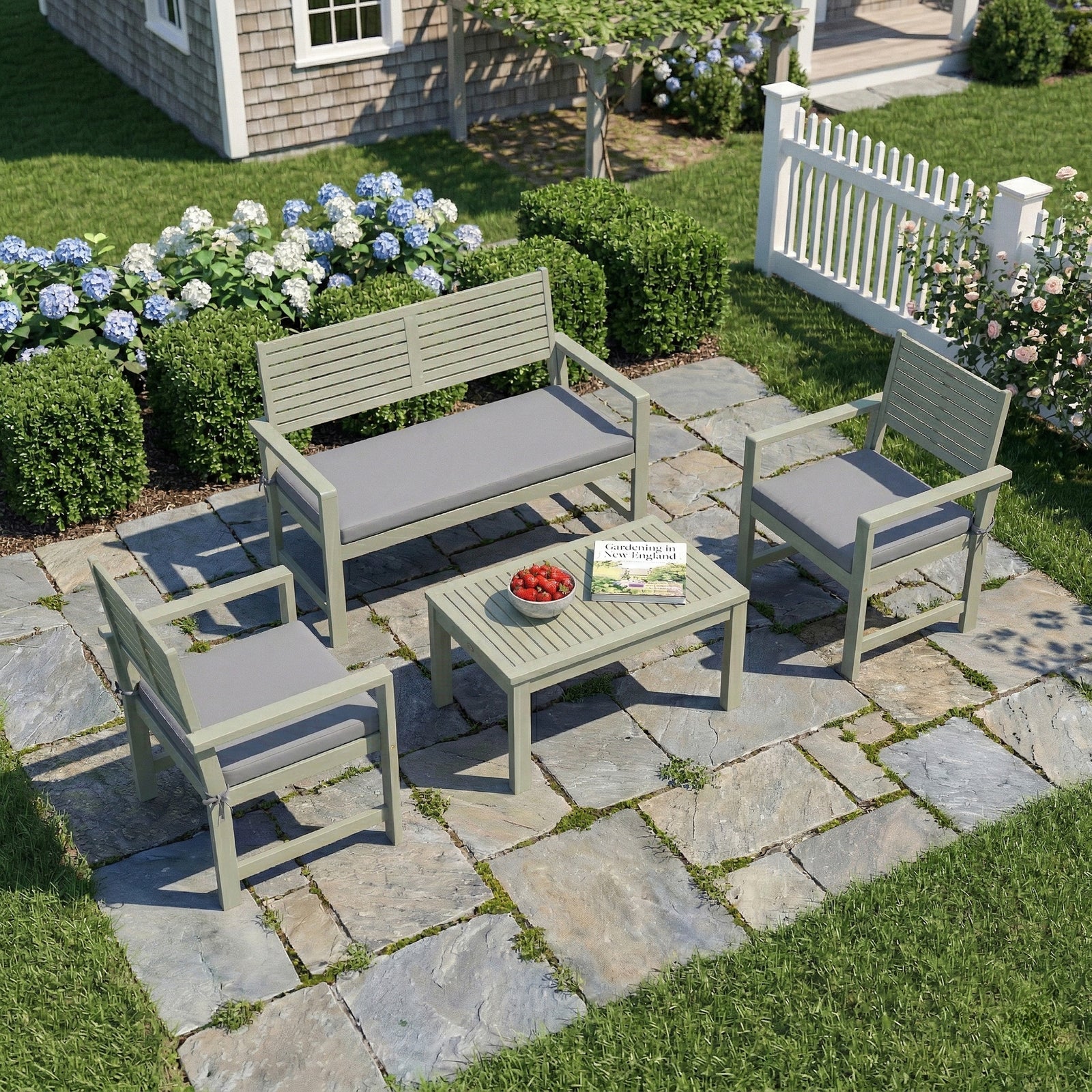 4 Seater Wooden Garden Furniture Set with Loveseat, Armchairs, Table, 