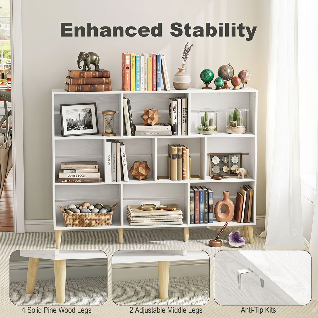 10-Cube Bookcase, 3-Tier Book Shelf with Solid Wood Legs, 140 cm Moder