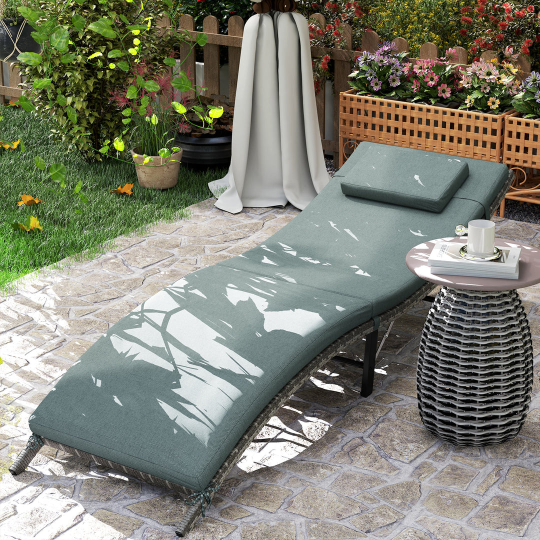 Rattan Folding Sun Lounger Outdoor Chair with Cushion and Pillow Mixed Grey
