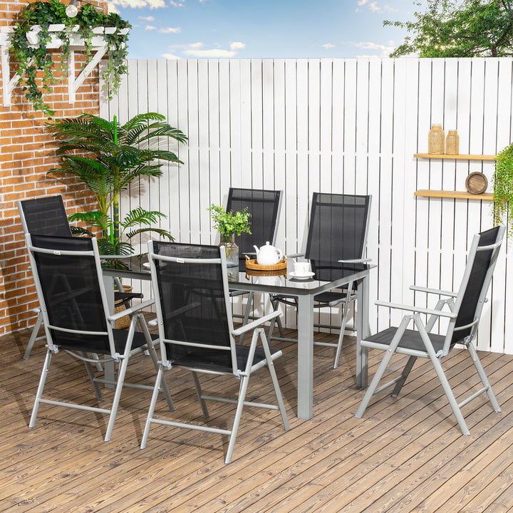 Outsunny 7 Piece Garden Dining Set, Outdoor Table & 6 Folding & Reclining Chairs, Aluminium Frame, Tempered Glass Top Table Texteline Seats | Aosom UK