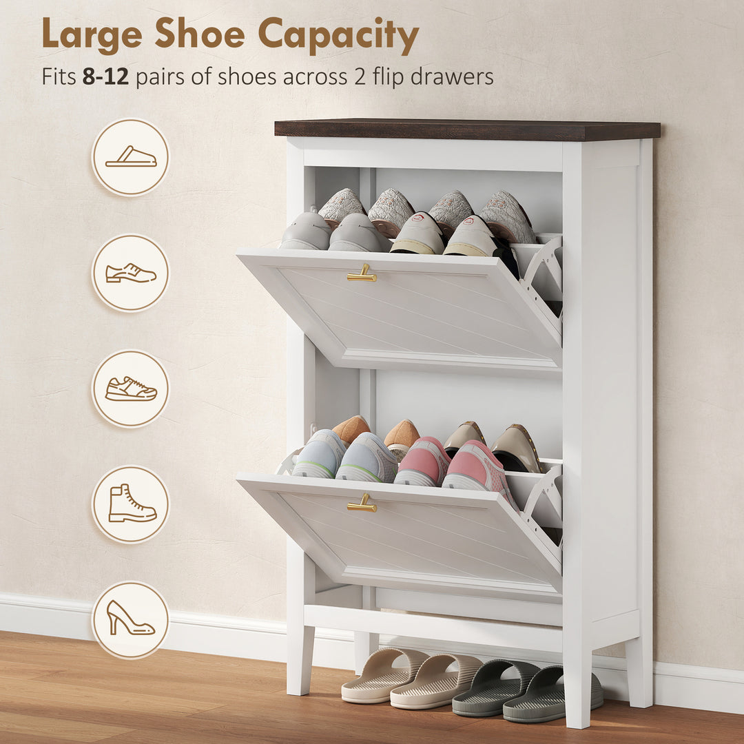 Shoe Cabinet with 2 Flip Drawers, Farmhouse Narrow Shoe Storage Cabine