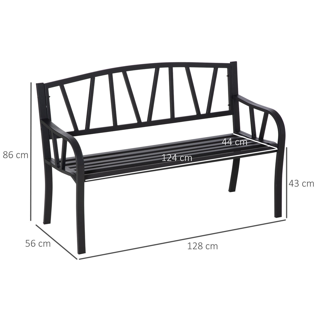 2-Seater Garden Bench Metal Loveseat w/ Decorative Backrest Ergonomic Armrest