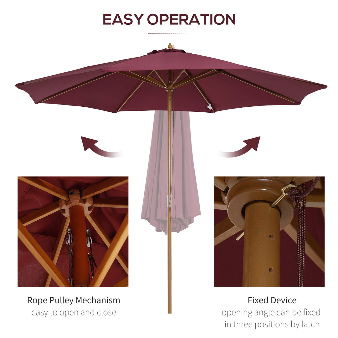 3(m) Garden Parasol, Pulley Operated Patio Umbrella, Wooden Table Market Umbrella with Rope Pulley Mechanism and 8 Ribs, Wine Red