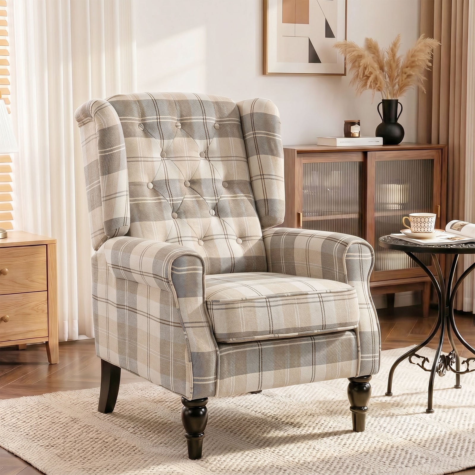 Wingback Accent Chair, Linen-Look Fabric Armchair with Thick Spring Cu