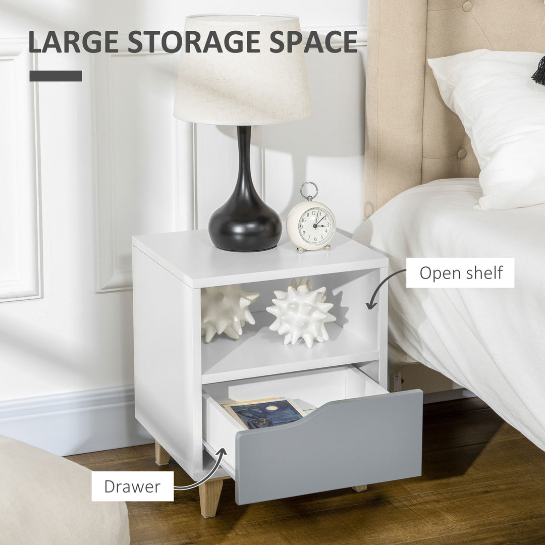 MCL Modern Bedside Table, Side End Table with Shelf, Drawer and Wood Legs, 36.8cmx33cmx43.8cm, White and Grey