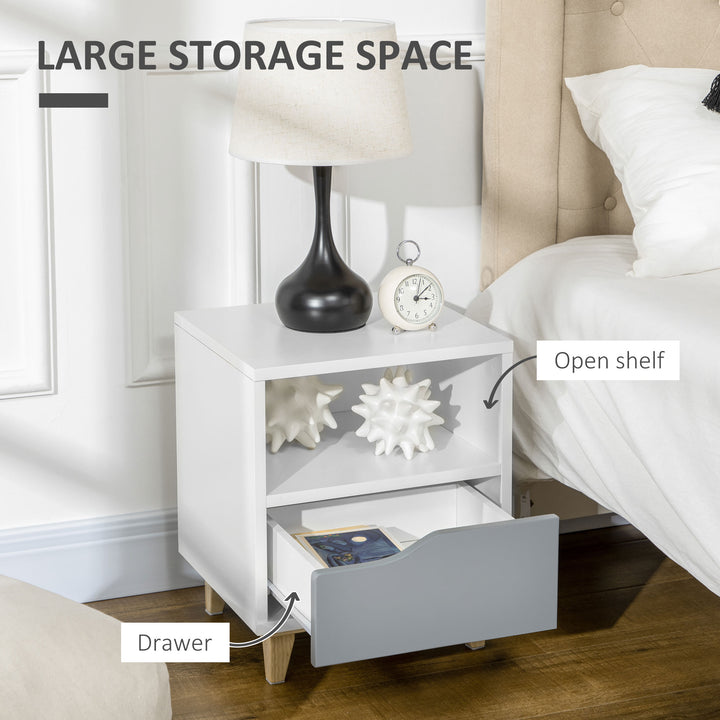 MCL Modern Bedside Table, Side End Table with Shelf, Drawer and Wood Legs, 36.8cmx33cmx43.8cm, White and Grey