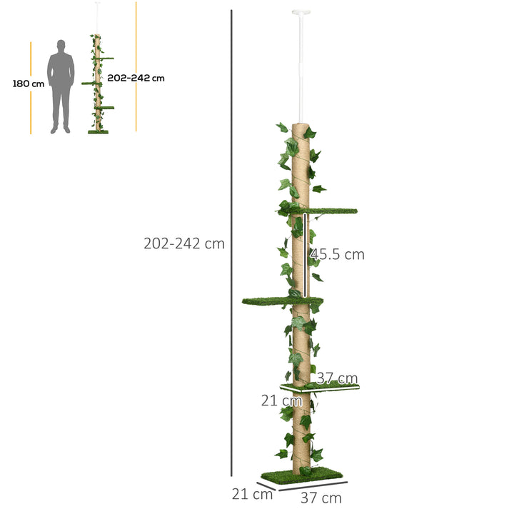 242cm Adjustable Floor-To-Ceiling Cat Tree, with Artificial Decoration, Perches, Anti-Slip Kit - Green