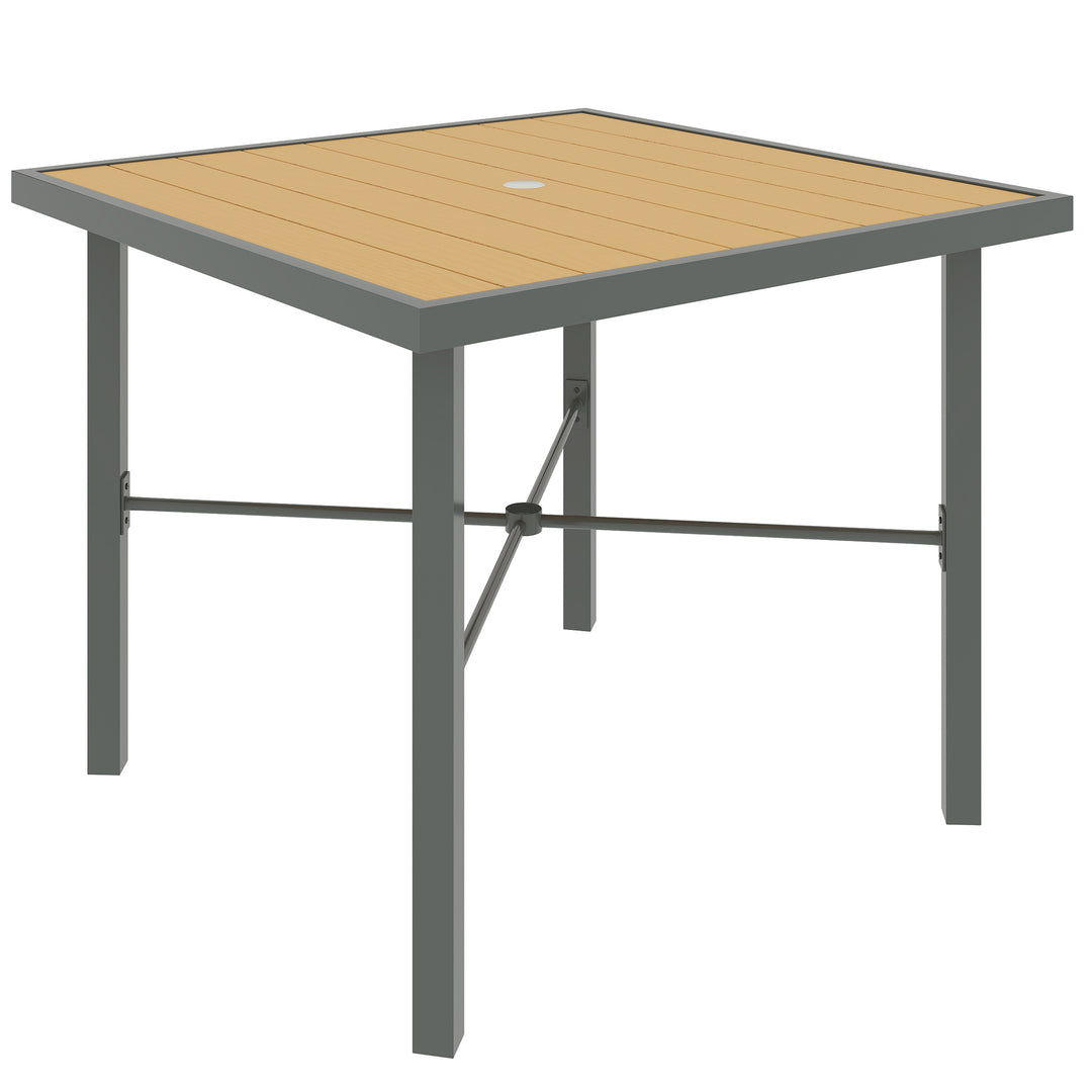 Garden Table for 4, 90 cm Rectangular Outdoor Dining Table with 4.2 cm Umbrella Hole, Wood Effect Top, Rust Resistant Frame, for Patio, Balcony, Terrace, Natural Wood Finish