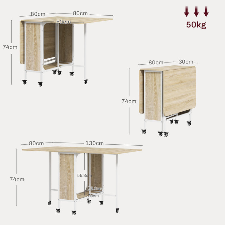 HOMCOM Folding Kitchen Table w/ 6 Wheels and Storage Shelf, Mobile Drop Leaf Dining Table for Small Spaces, Folding Wood Tables, Natural | Aosom UK