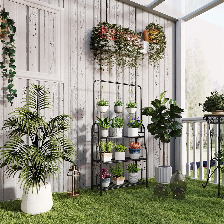 3 Tier Plant Stand with Hanging Rod and Hooks, Metal Plant Rack Shelf, Ladder Flower Pot for Indoor Outdoor Porch Balcony Living Room Bedroom, Black