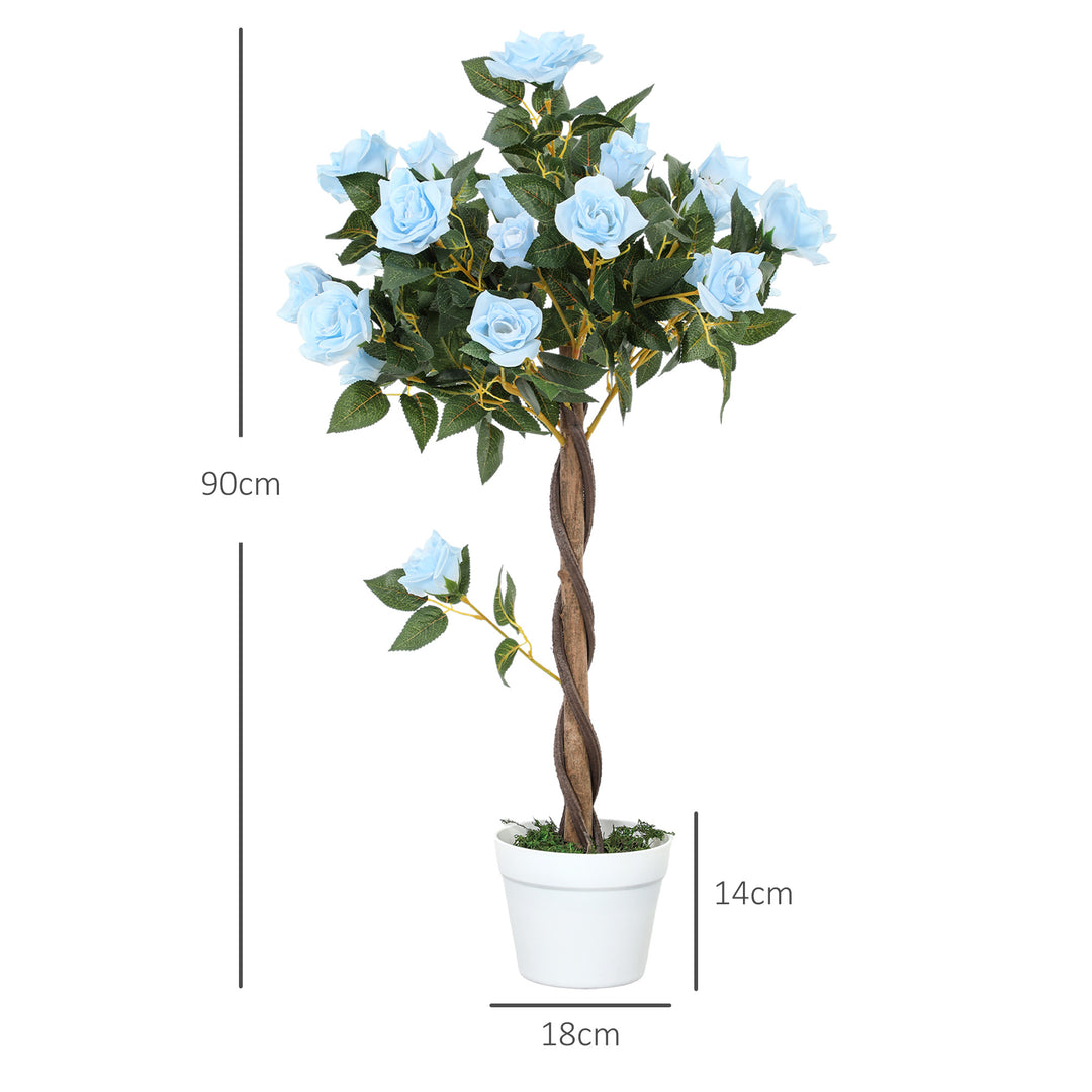 Set of 2 Artificial Plants White Rose Floral in Pot, Fake Plants for Home Indoor Decor, 90cm, Light Blue