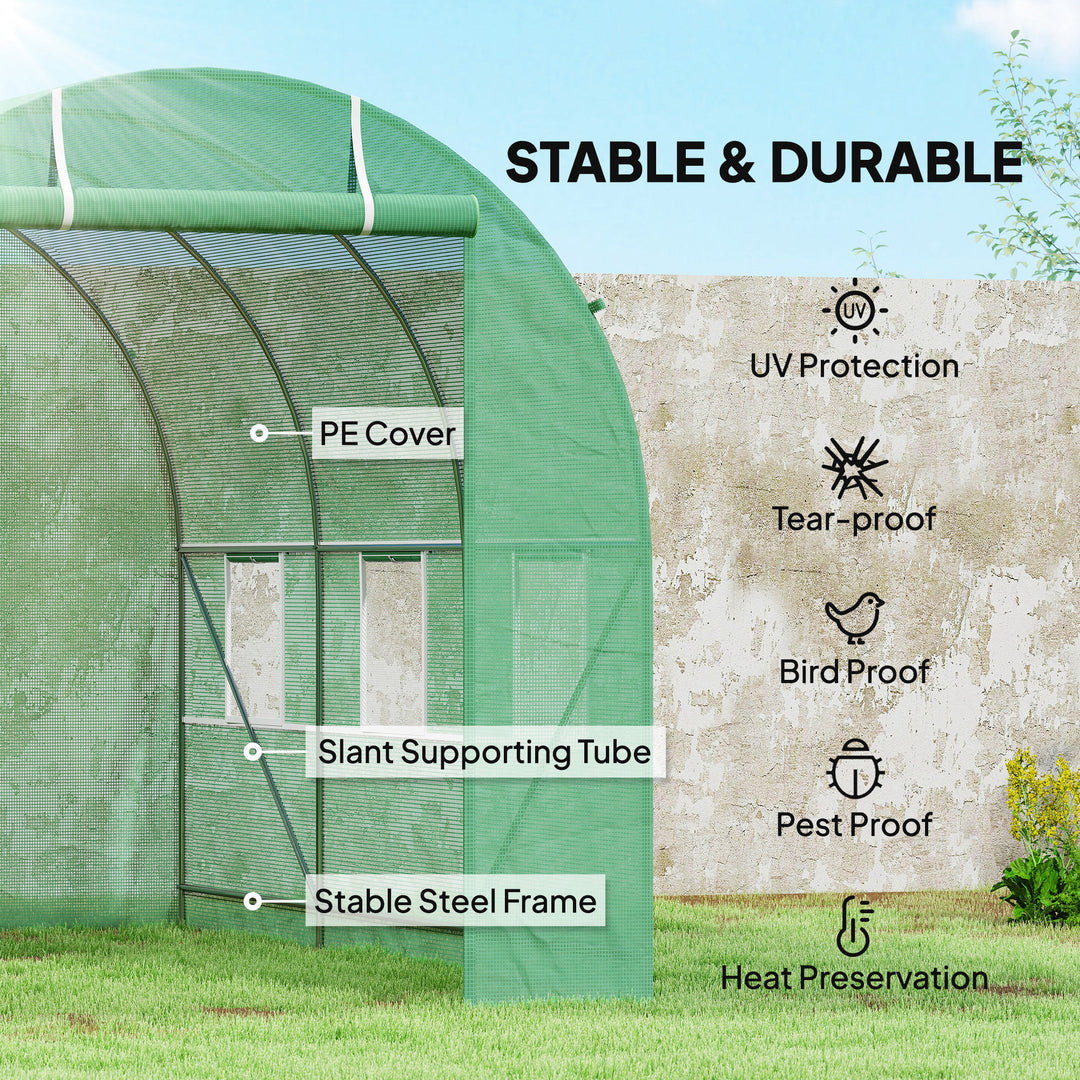 MCL 3.5 x 2m Walk-In Polytunnel Greenhouse, with Steel Frame, PE Cover, Roll-Up Door and 6 Windows, Green